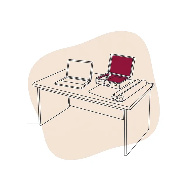 Bureau avec un ordinateur portable, une mallette de sonomètre et des plans roulés